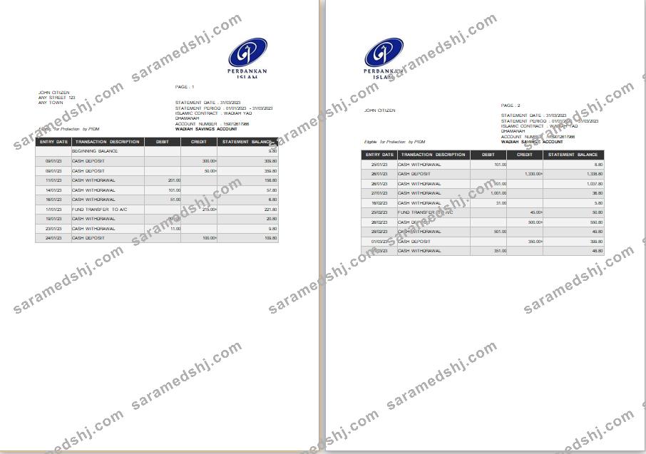 Malaysia Perbankan Islam bank statement Word and PDF tmplate